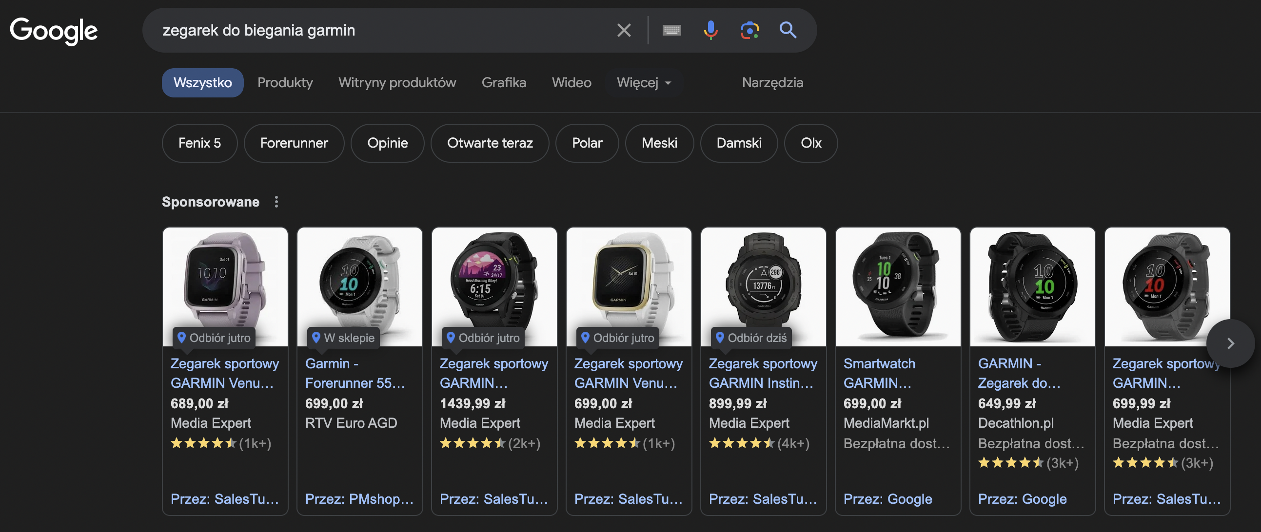 Screen wyników wyszukiwania na frazę kluczową zegarek do biegania Garmin