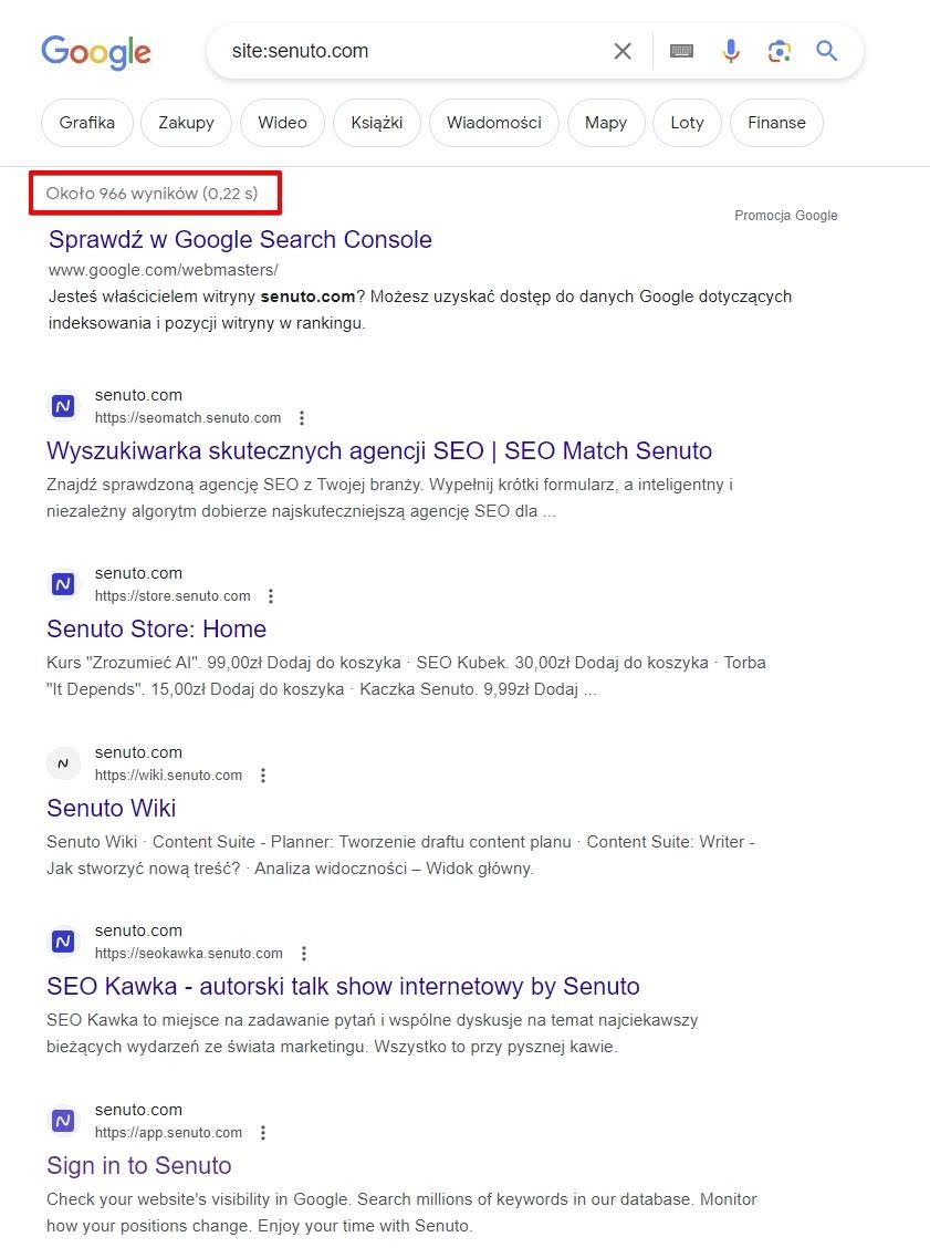 Indeksacja domeny | screen wyników komendy site