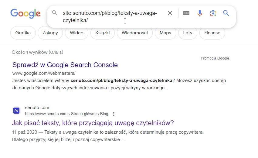 indeksacja domeny | screen wyników wyszukiwarki