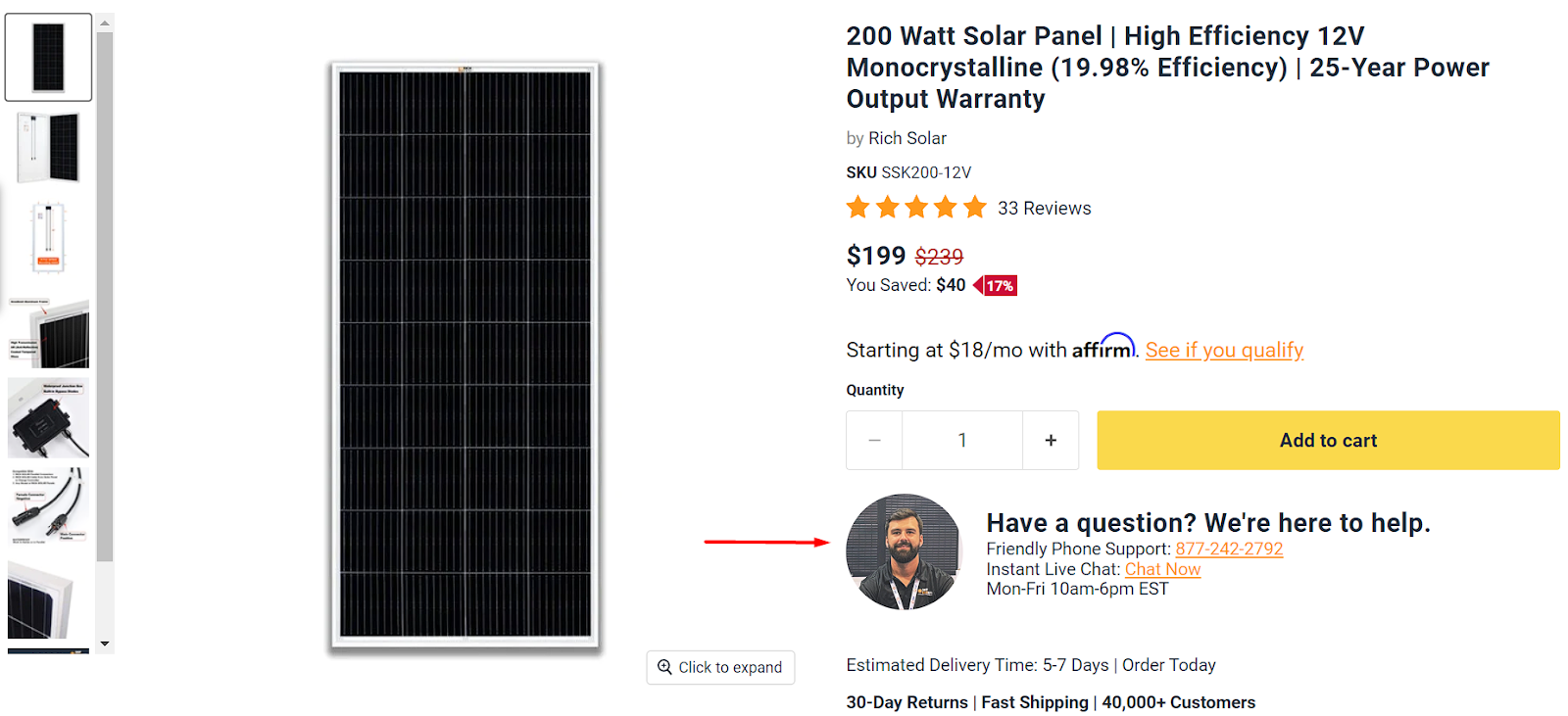 Screenshot of a high-touch sales trigger on a product page