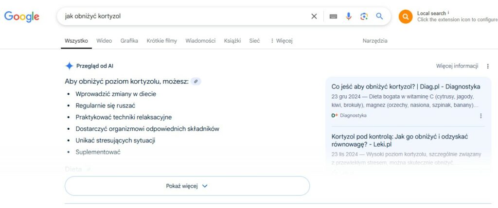 tak prezentuje się Przegląd od AI w wyszukiwarce (wersja na desktop)