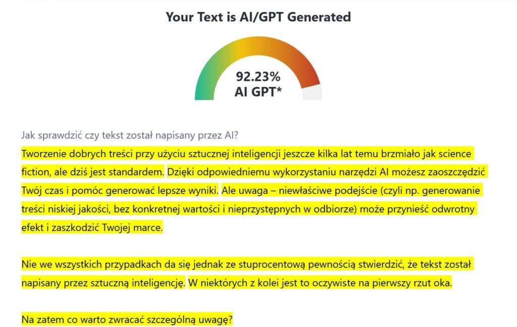 Wynik uzyskany przez wstęp do tego artykułu (mojego autorstwa) w detektorze AI (ZeroGPT)