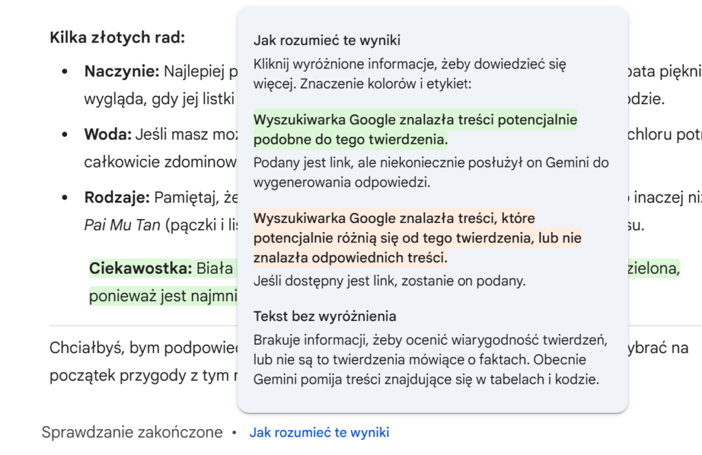weryfikowanie odpowiedzi w Gemini 